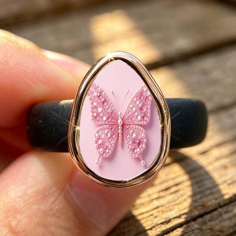 Glitter Pink Butterfly Teardrop Ring