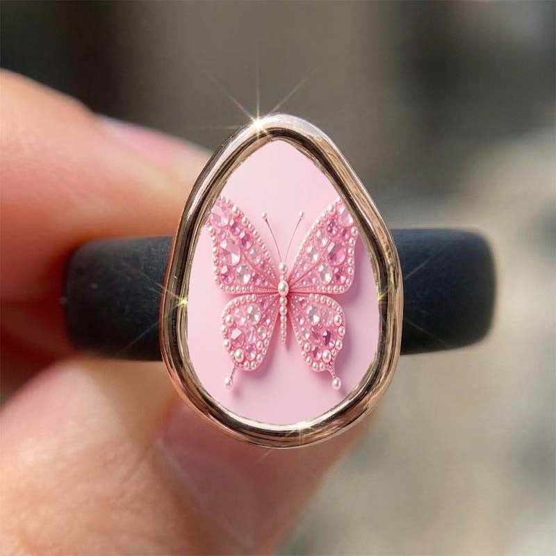 Glitter Pink Butterfly Teardrop Ring