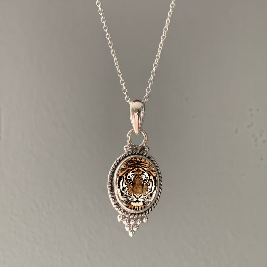 Tiger Face Teardrop Pendant Necklace