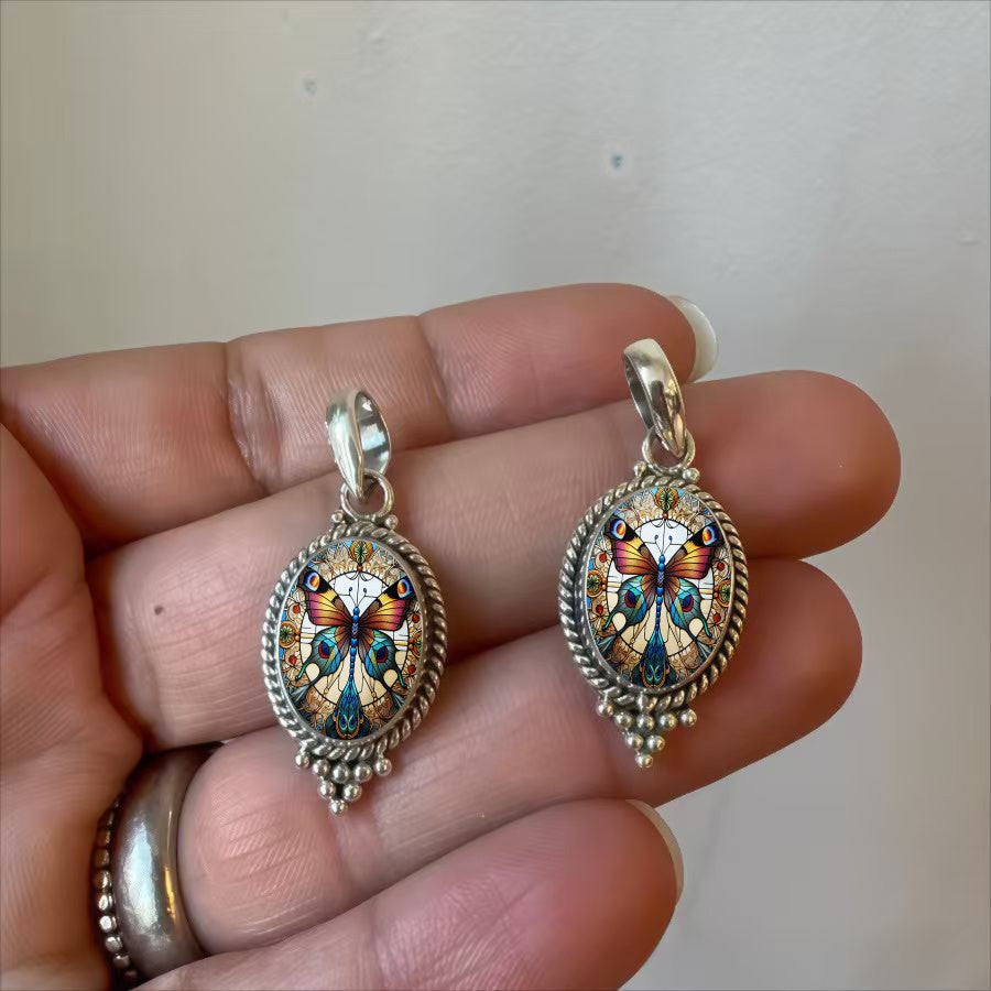 Stained Glass Butterfly Oval Pendant Necklace