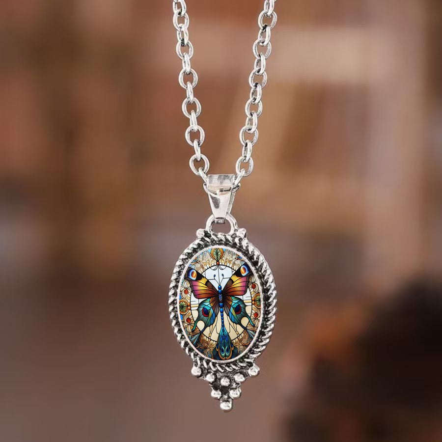 Stained Glass Butterfly Oval Pendant Necklace