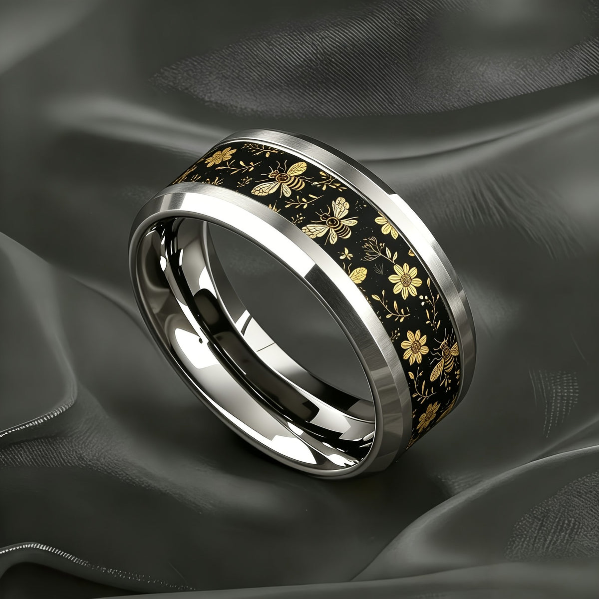Black Bee & Floral Band Ring