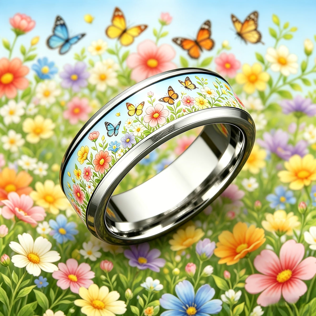 Floral Butterfly Band Ring