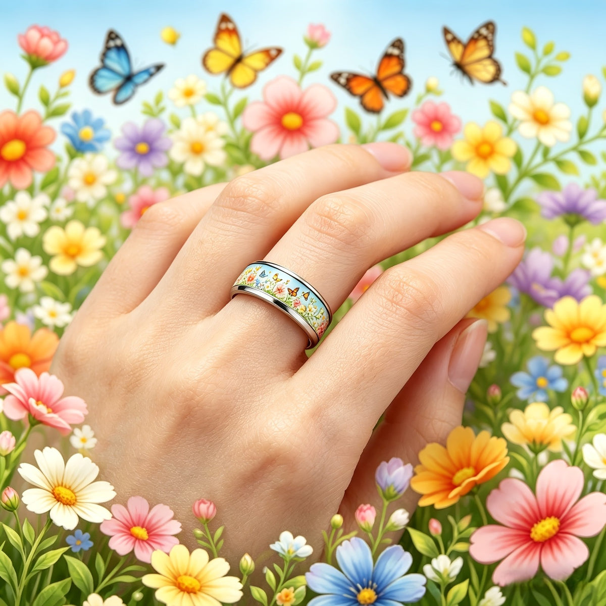 Floral Butterfly Band Ring