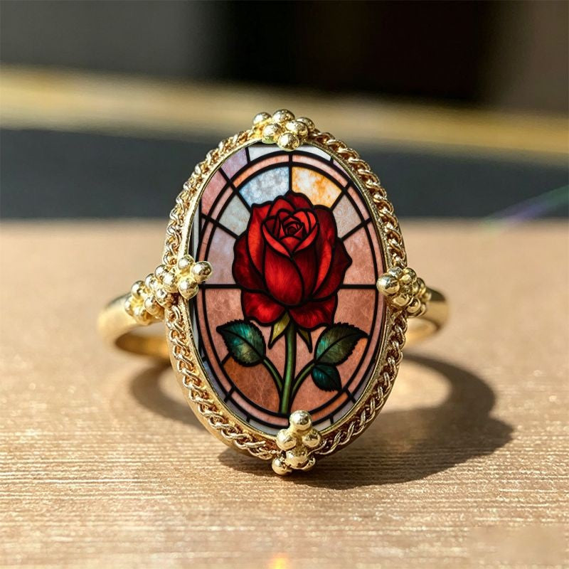 Red Rose Oval Stained Glass Ring