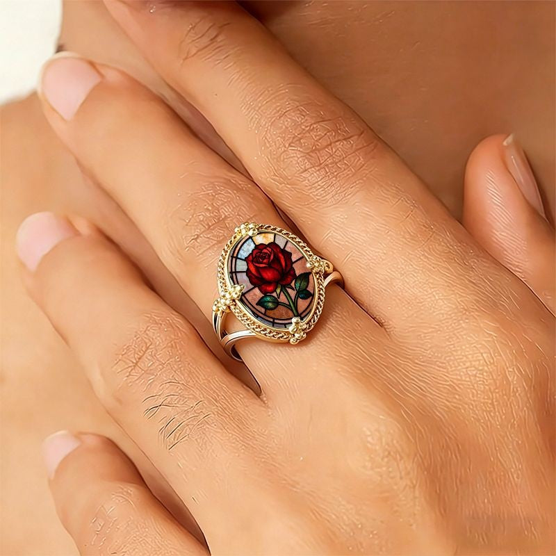 Red Rose Oval Stained Glass Ring