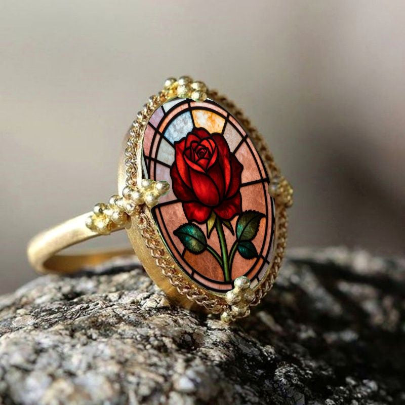 Red Rose Oval Stained Glass Ring