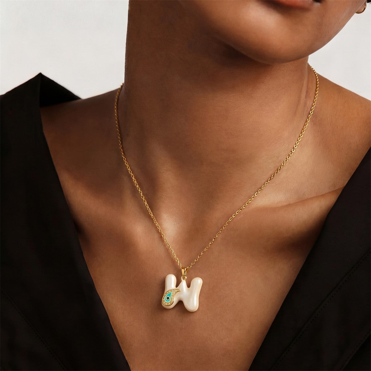 White Bubble Letter Evil Eye Necklace