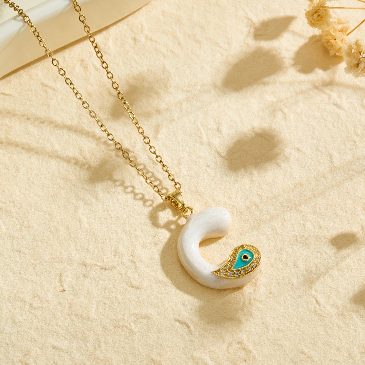 White Bubble Letter Evil Eye Necklace