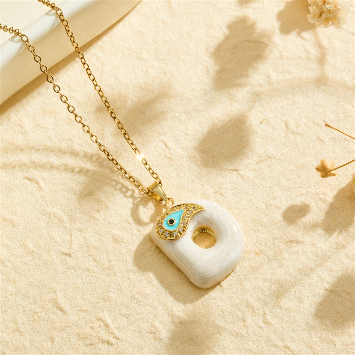 White Bubble Letter Evil Eye Necklace