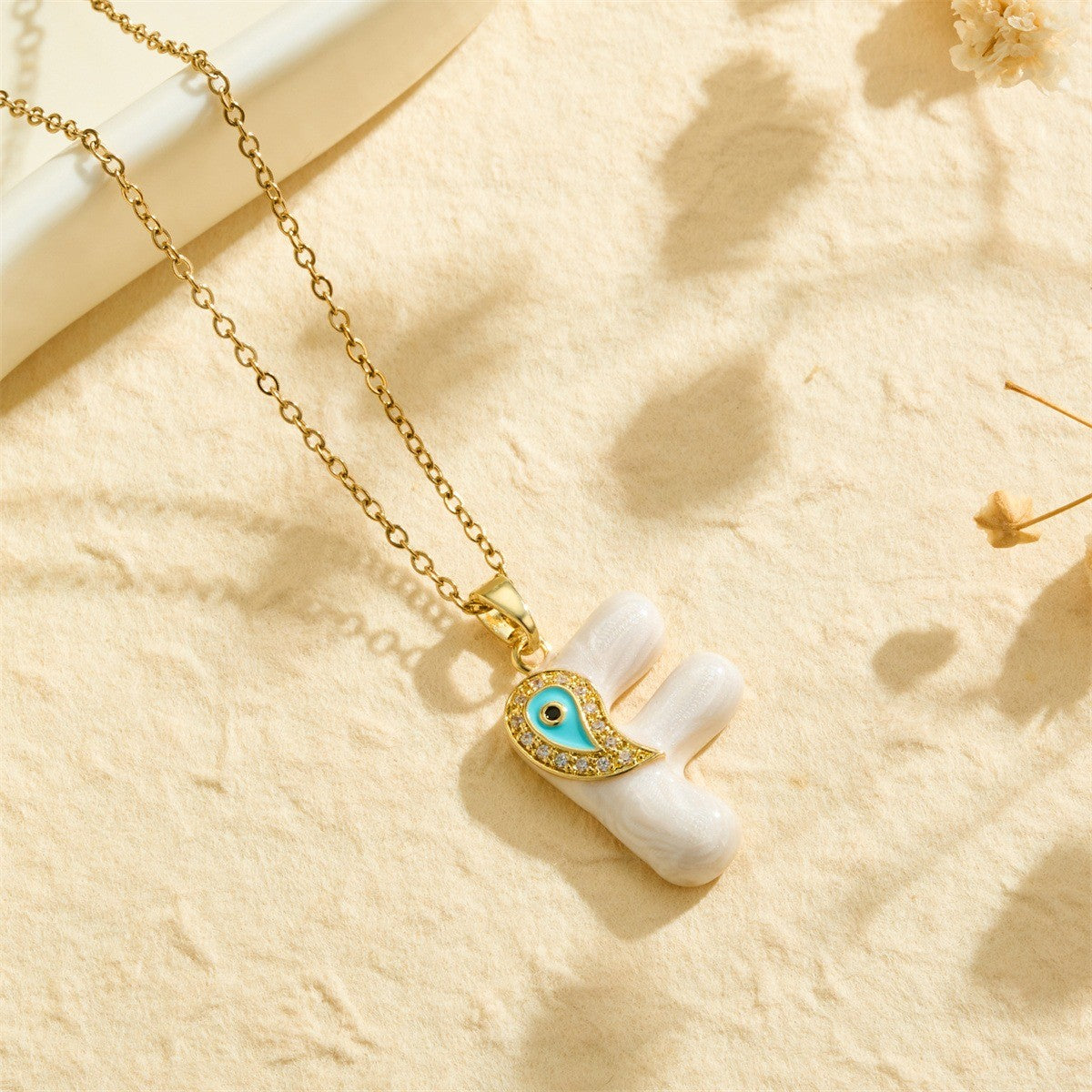 White Bubble Letter Evil Eye Necklace