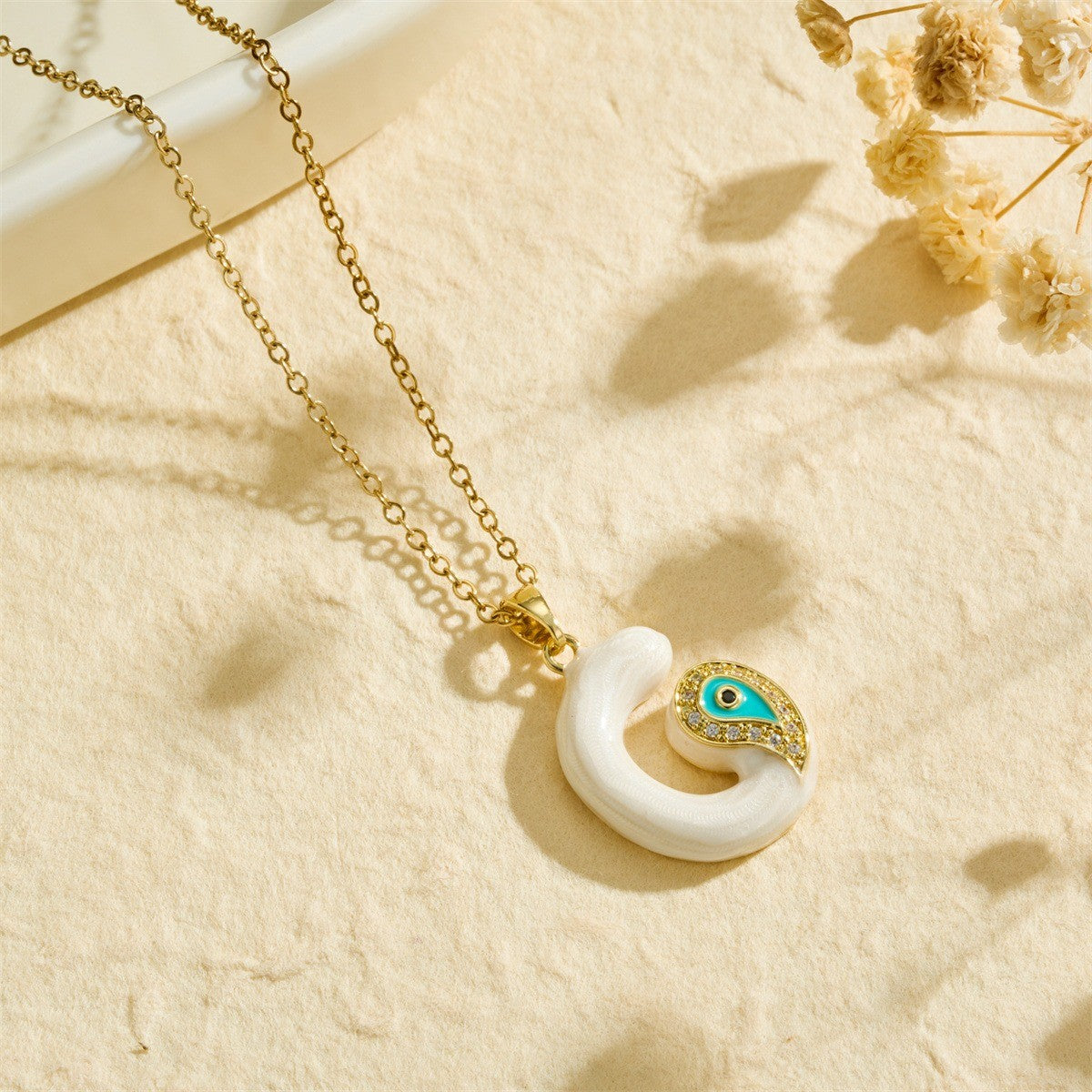 White Bubble Letter Evil Eye Necklace