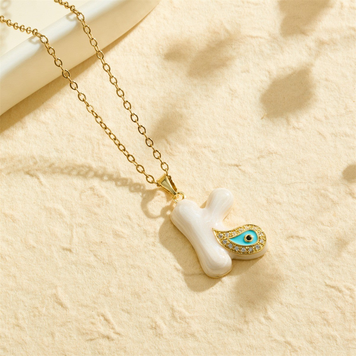 White Bubble Letter Evil Eye Necklace