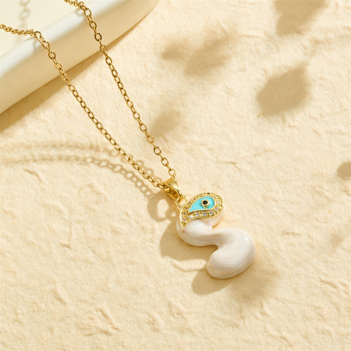 White Bubble Letter Evil Eye Necklace