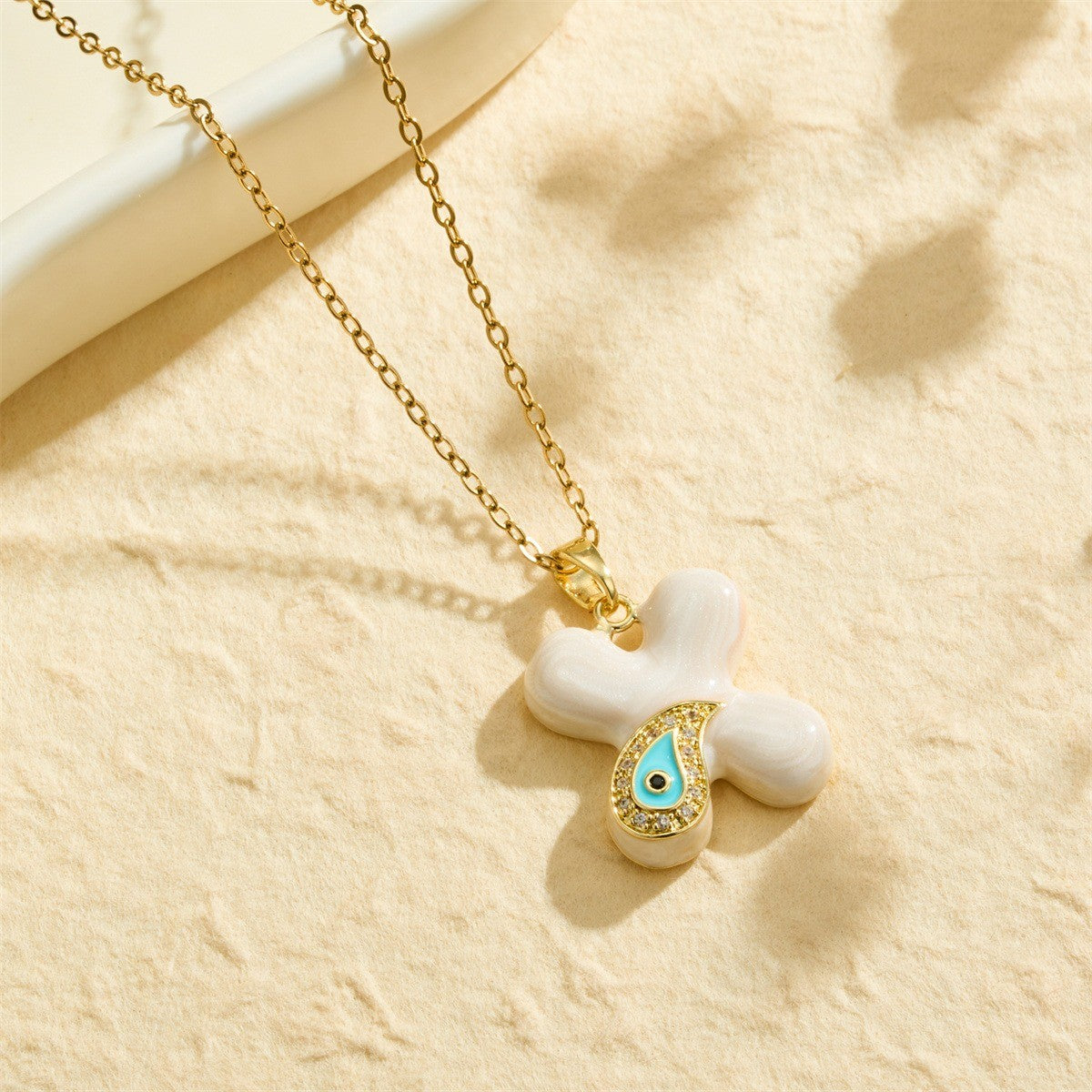 White Bubble Letter Evil Eye Necklace