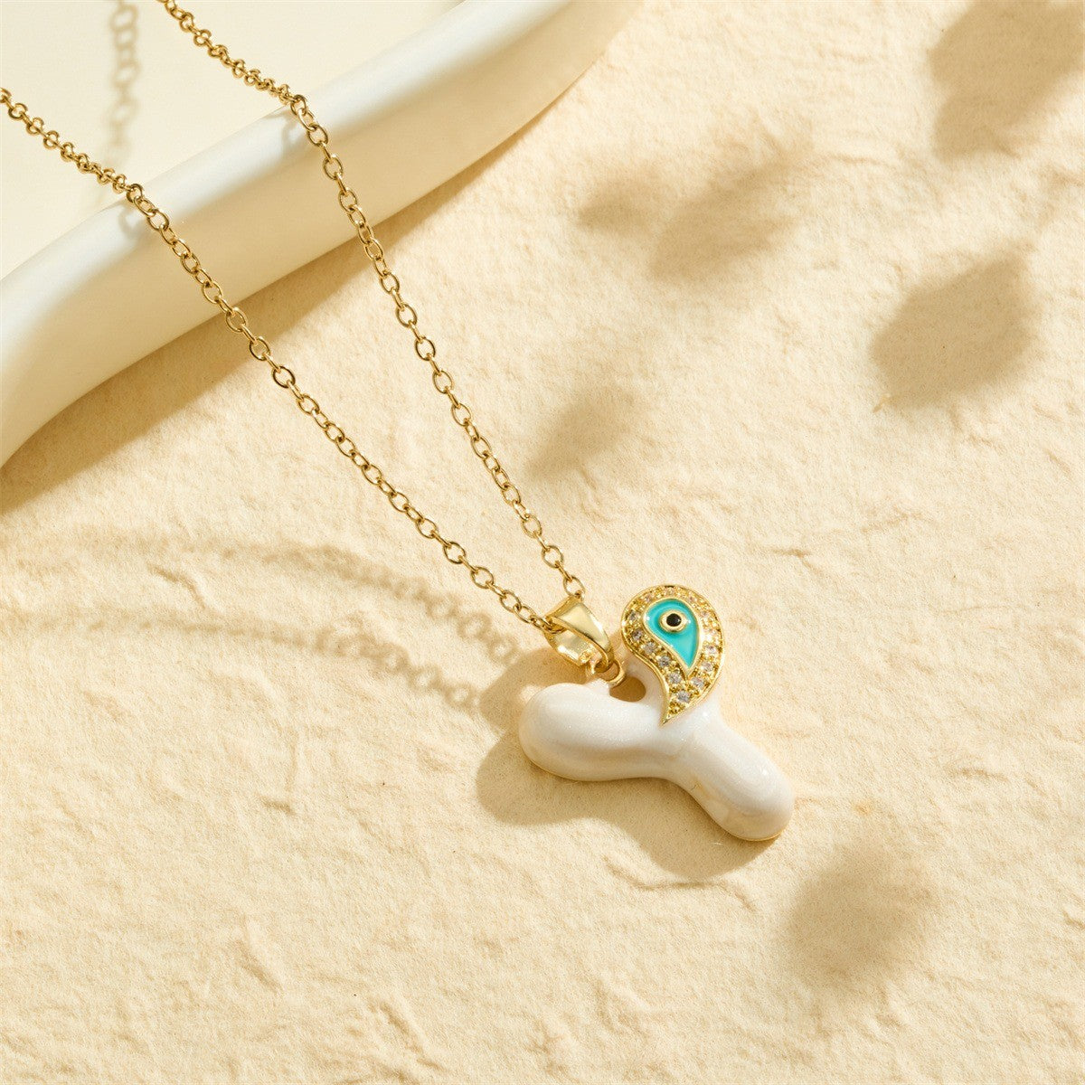 White Bubble Letter Evil Eye Necklace