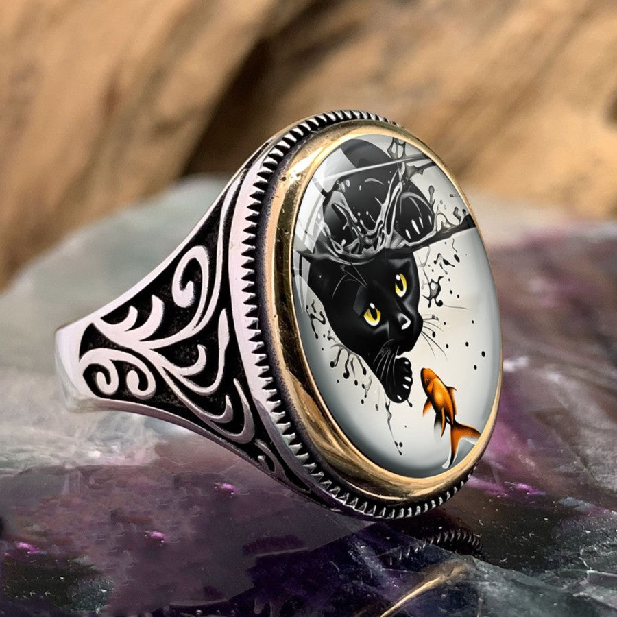 Black Cat & Goldfish Oval Ring