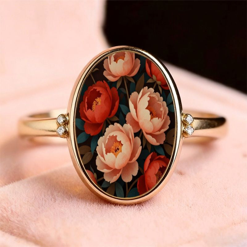 Coral Peony Oval Ring