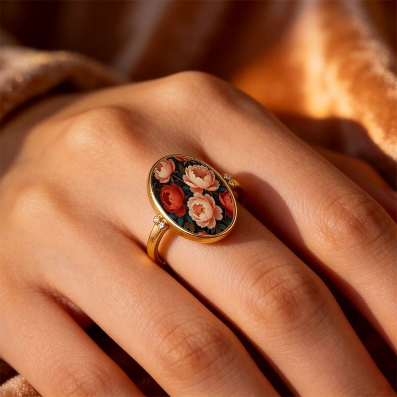 Coral Peony Oval Ring