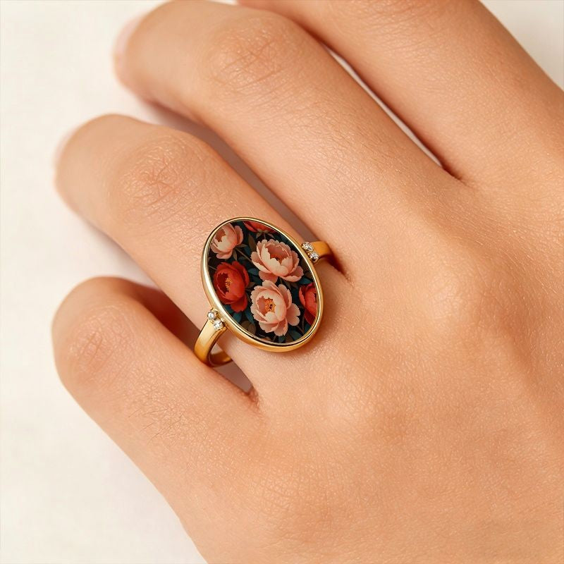 Coral Peony Oval Ring