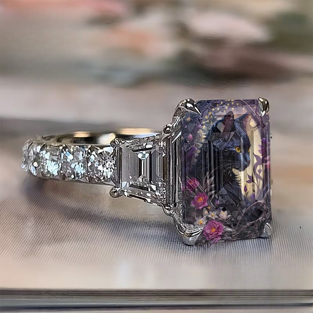 Black Cat & Purple Floral Ring