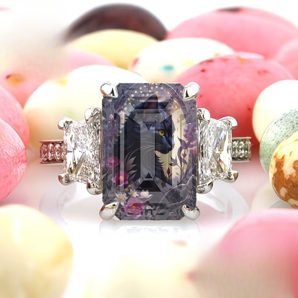 Black Cat & Purple Floral Ring