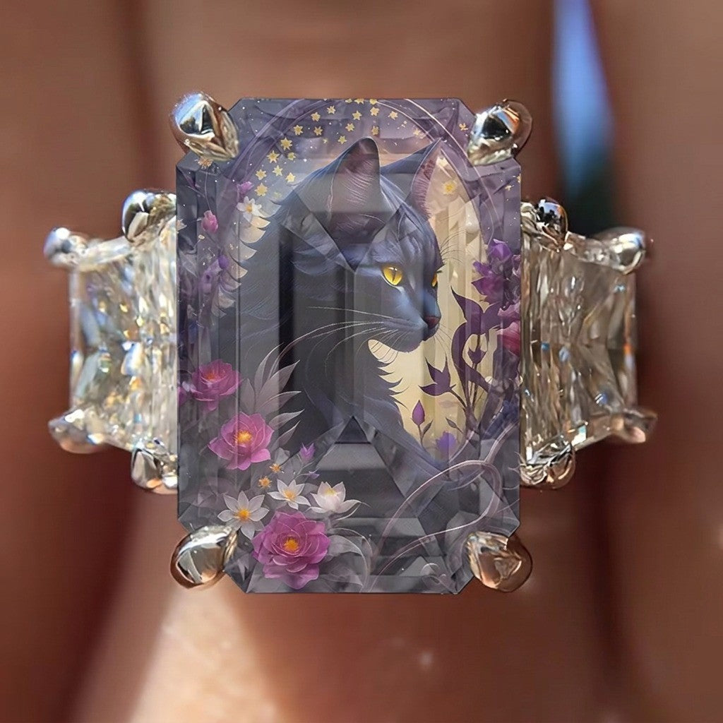 Black Cat & Purple Floral Ring