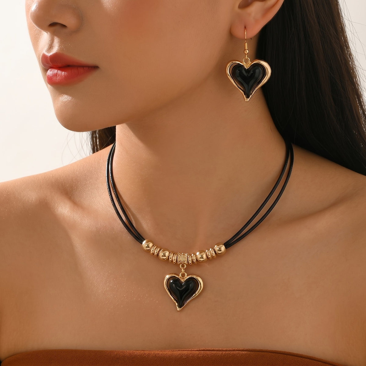 Black Heart Cord Necklace & Earring Set