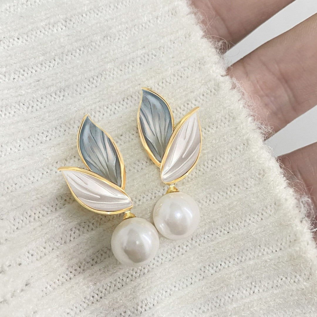 Blue Leaf Pearl Drop Earrings