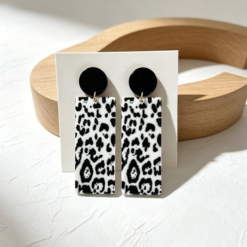 Black Circle Leopard Rectangle Drop Earrings