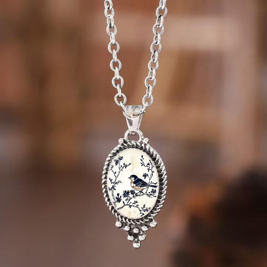 Blue Bird Branch Oval Necklace