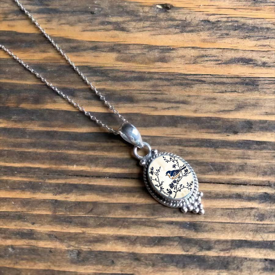 Blue Bird Branch Oval Necklace