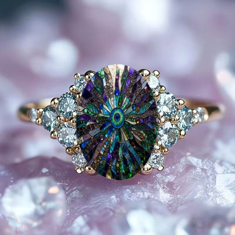 Peacock Mosaic Oval Ring