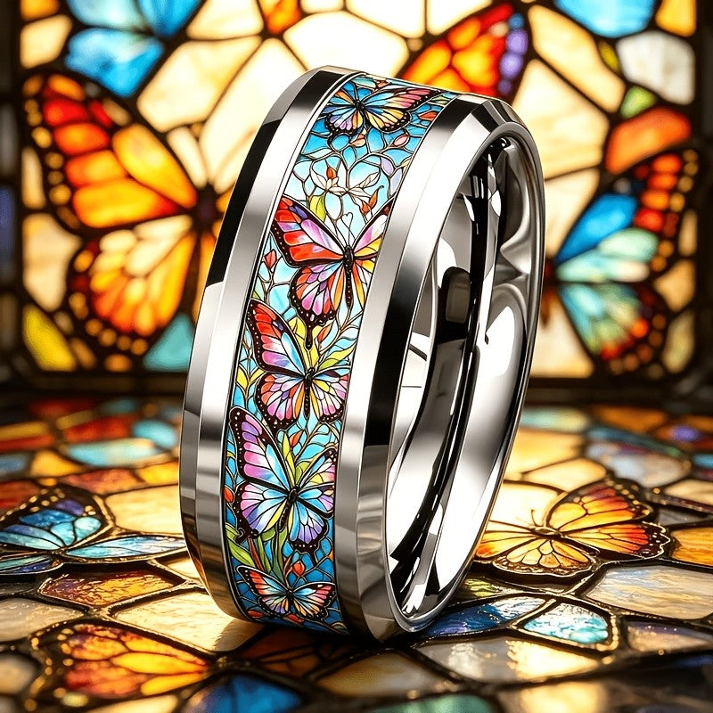 Colorful Butterfly Stained Glass Band Ring