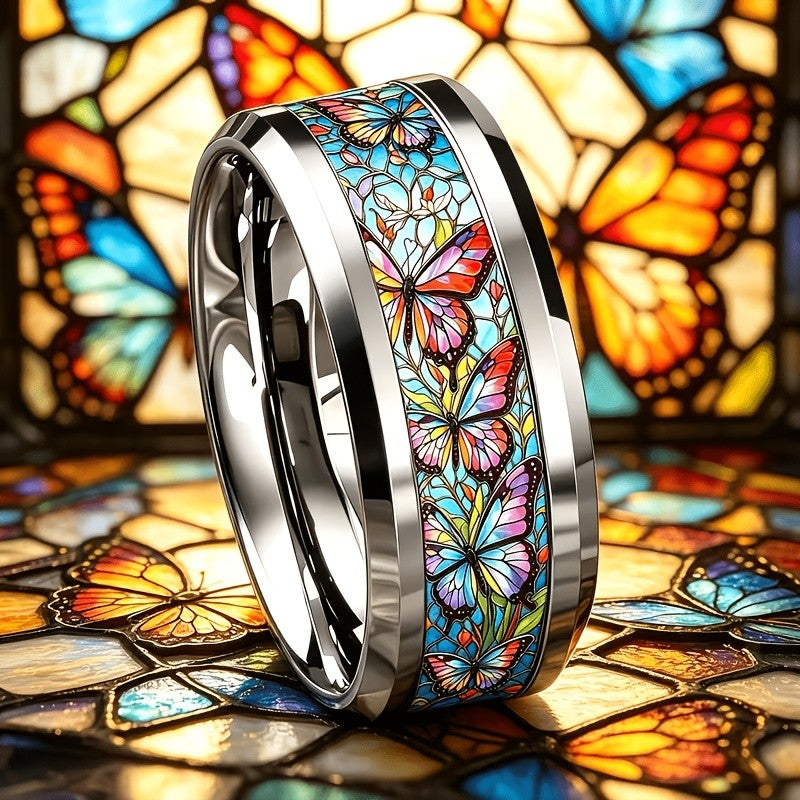 Colorful Butterfly Stained Glass Band Ring