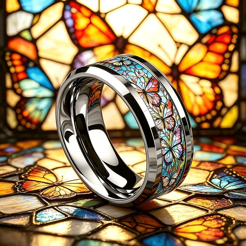 Colorful Butterfly Stained Glass Band Ring