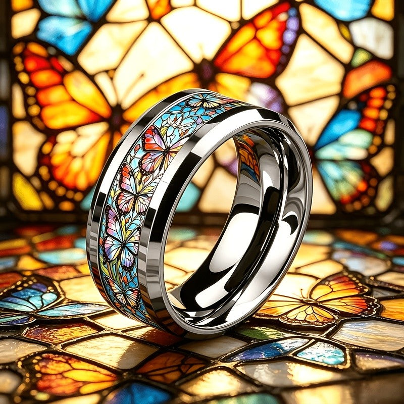 Colorful Butterfly Stained Glass Band Ring