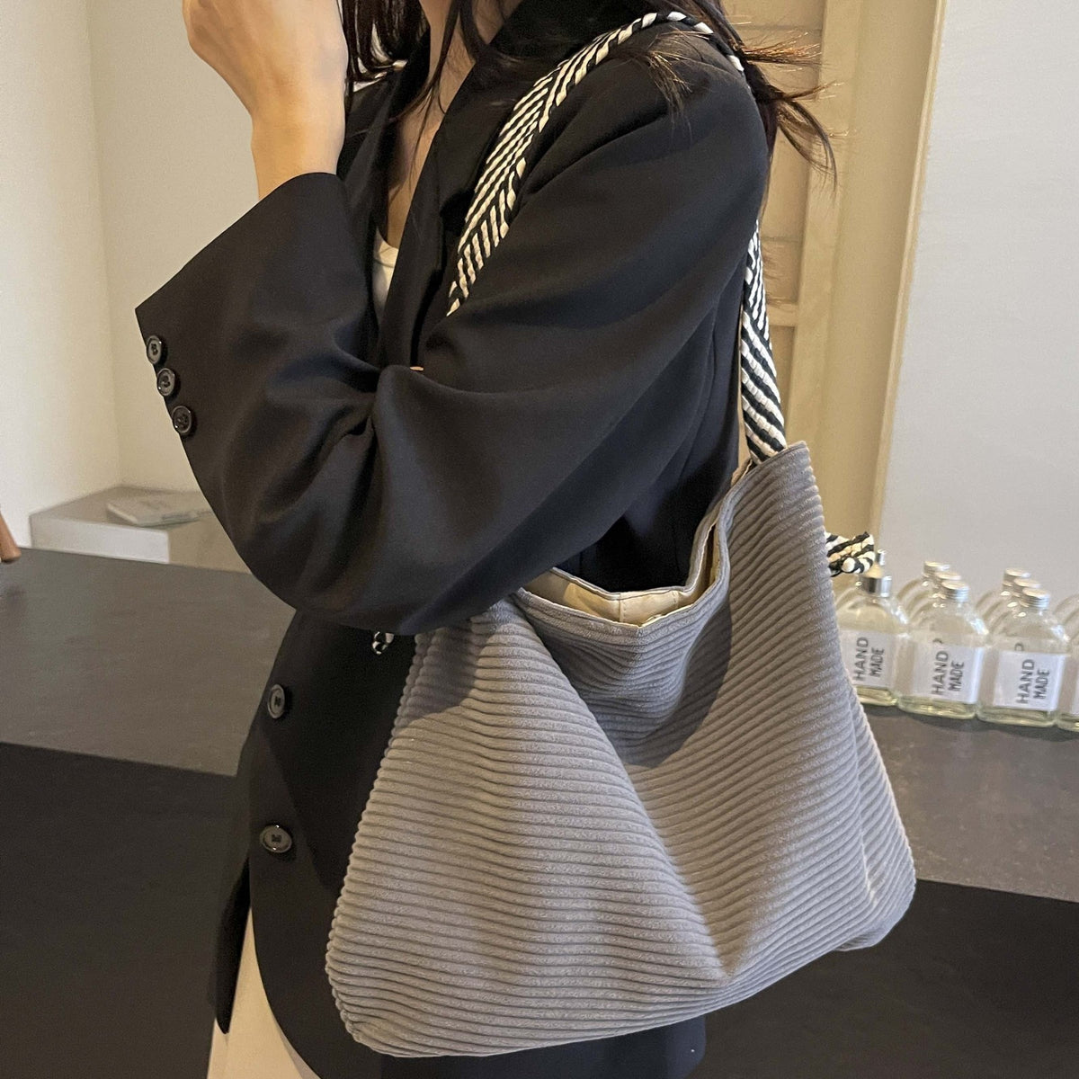 Striped Corduroy Tote Bag