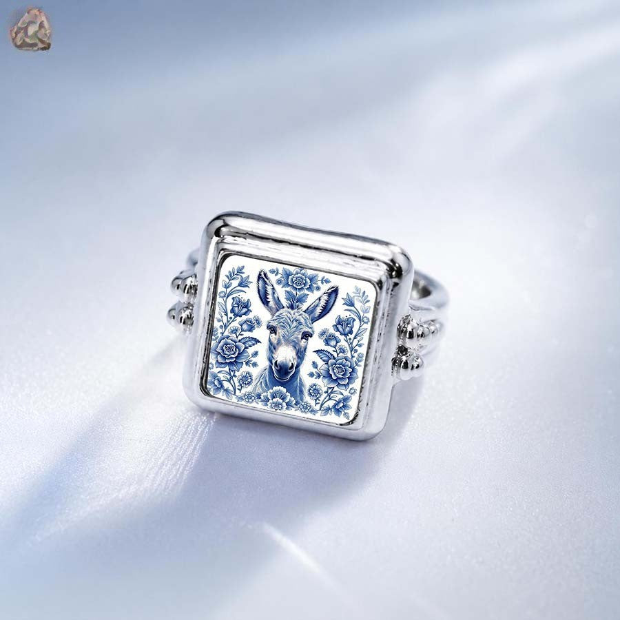 Blue Floral Donkey Portrait Square Ring