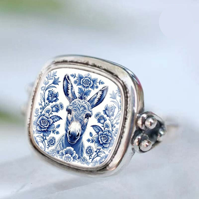 Blue Floral Donkey Portrait Square Ring