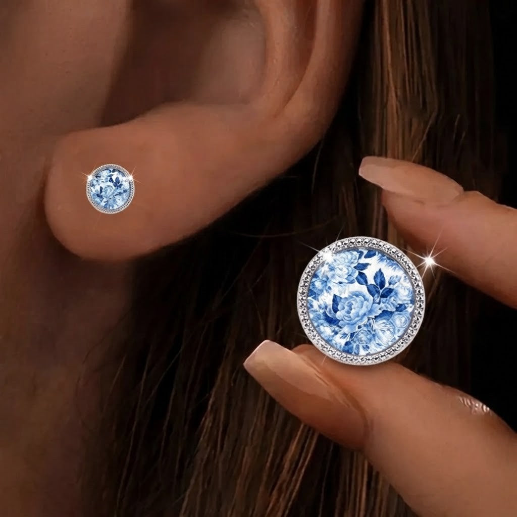 Blue Floral Crystal Halo Stud Earrings