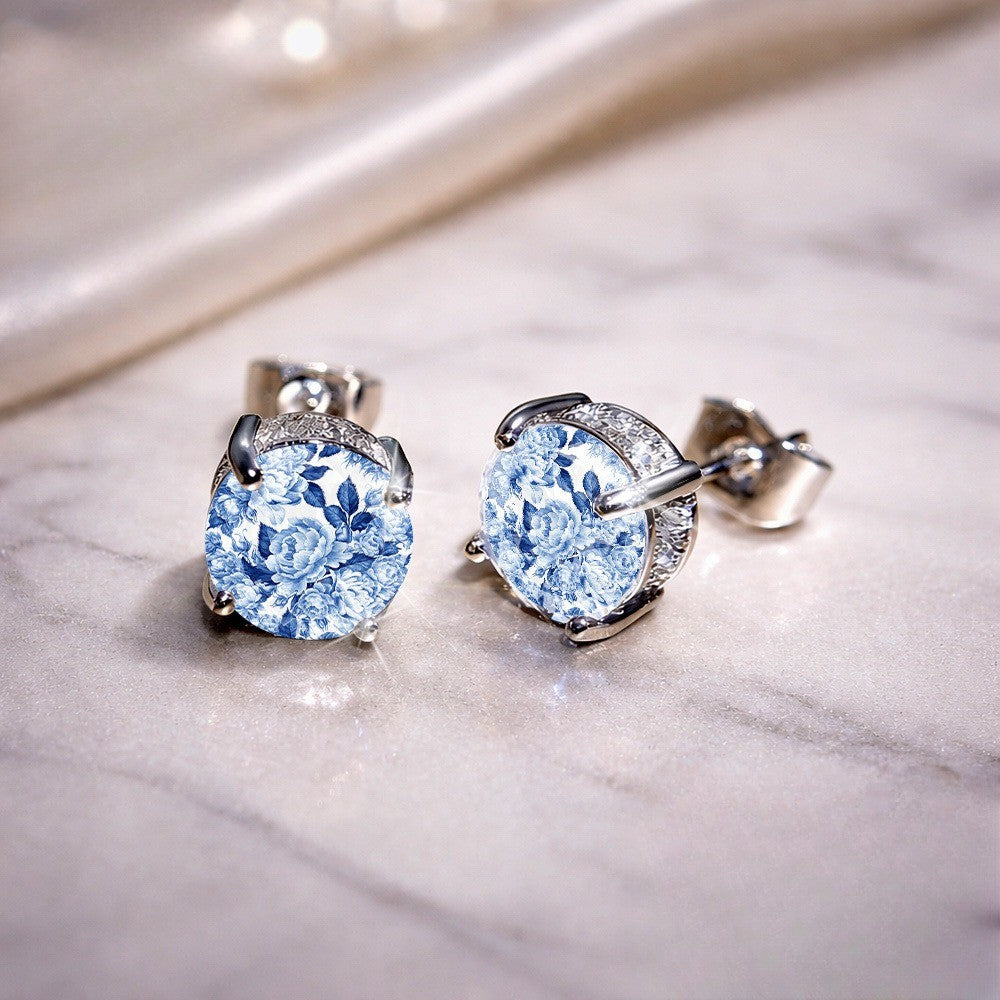 Blue Floral Crystal Halo Stud Earrings