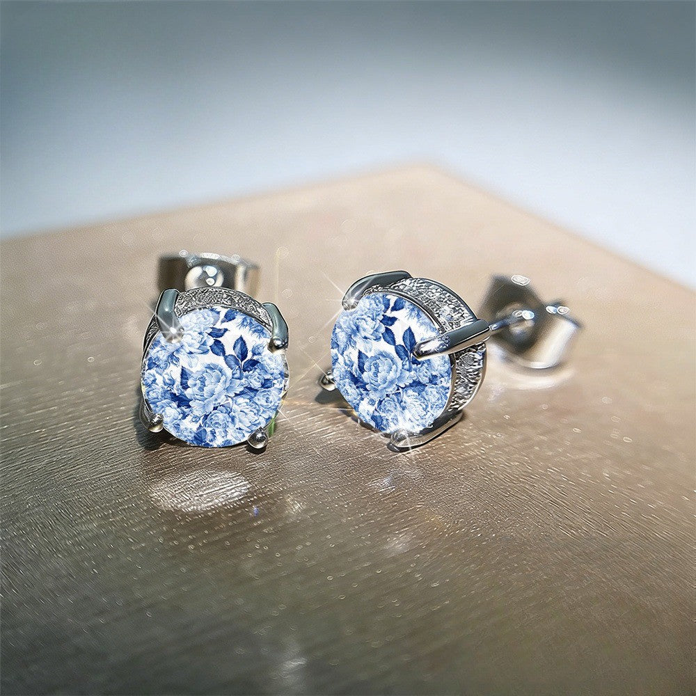 Blue Floral Crystal Halo Stud Earrings