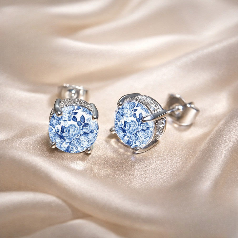 Blue Floral Crystal Halo Stud Earrings