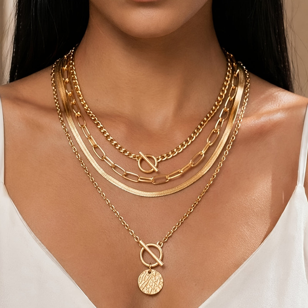 Layered Snake Chain & Coin Pendant Necklace Set