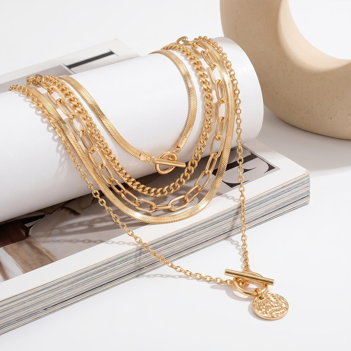 Layered Snake Chain & Coin Pendant Necklace Set
