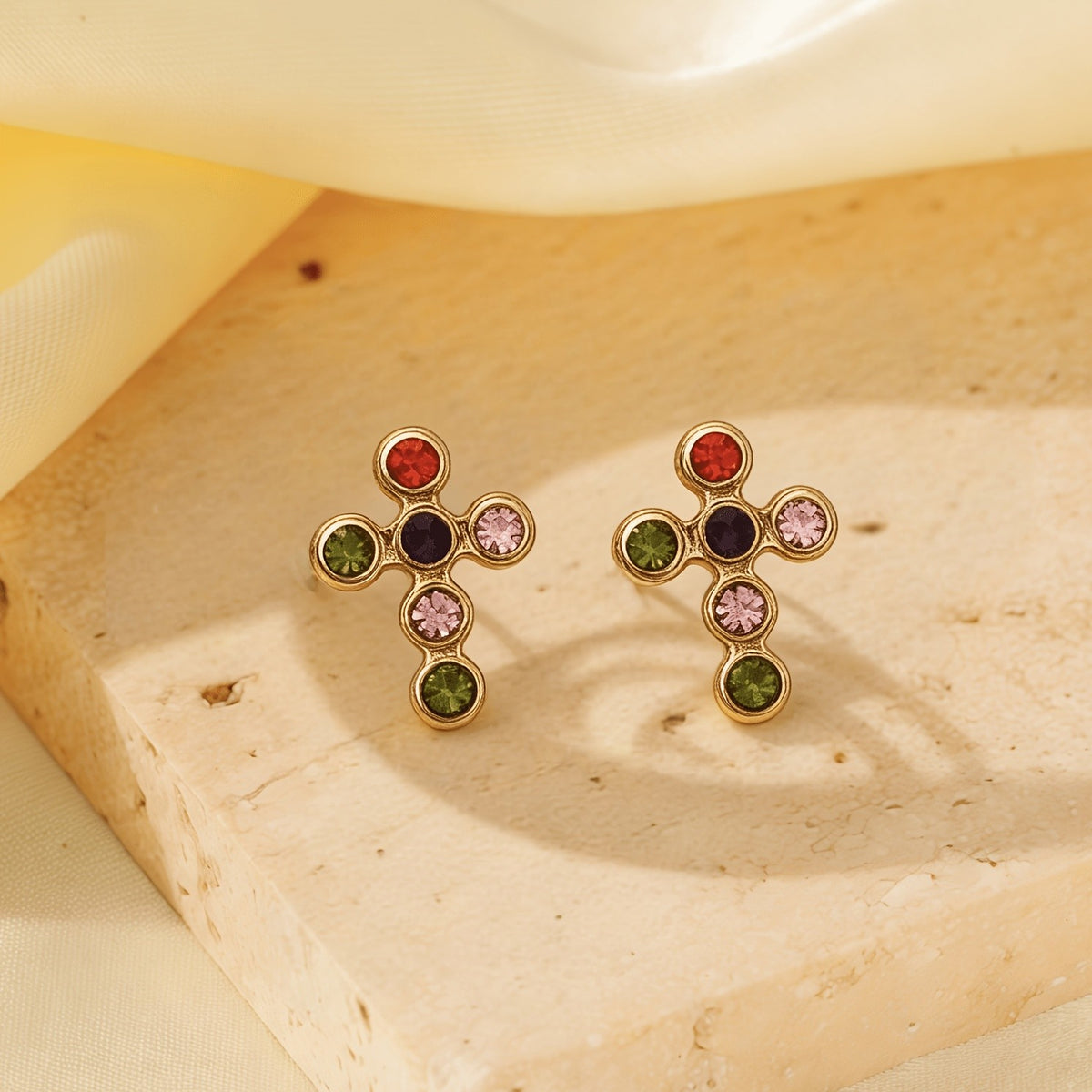 Colorful Gem Cross Stud Earrings