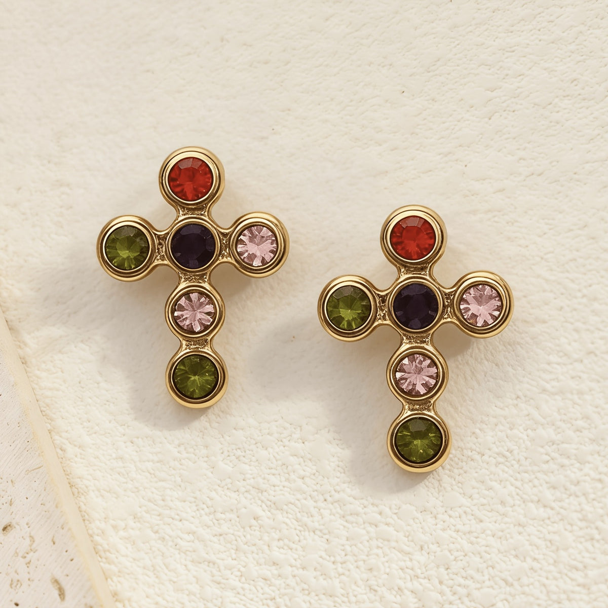 Colorful Gem Cross Stud Earrings