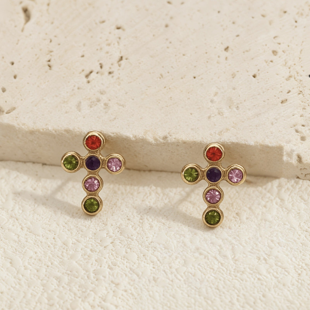 Colorful Gem Cross Stud Earrings