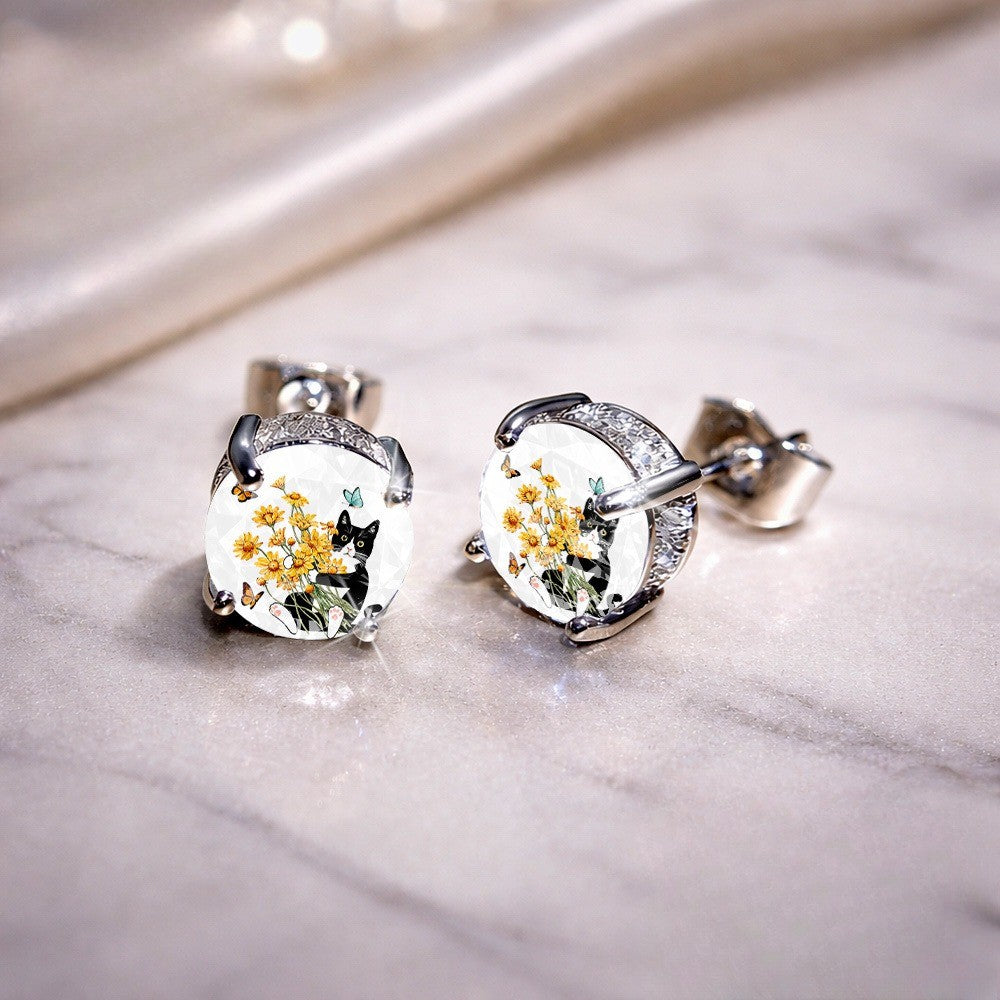 Cat & Daisy Glass Dome Stud Earrings